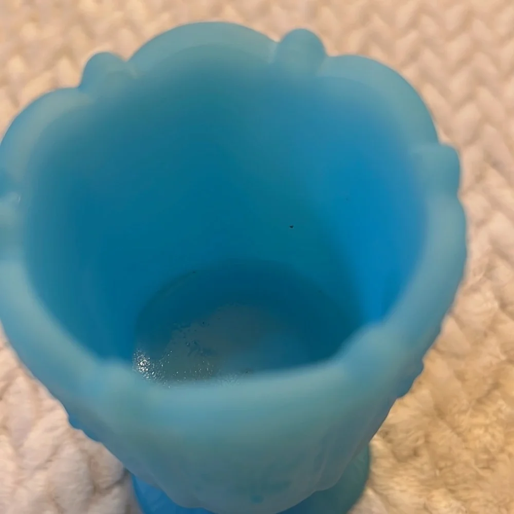 Fenton Panel Daisy Satin Blue Emboss Glass Vase Toothpick Candle Holder Vintage